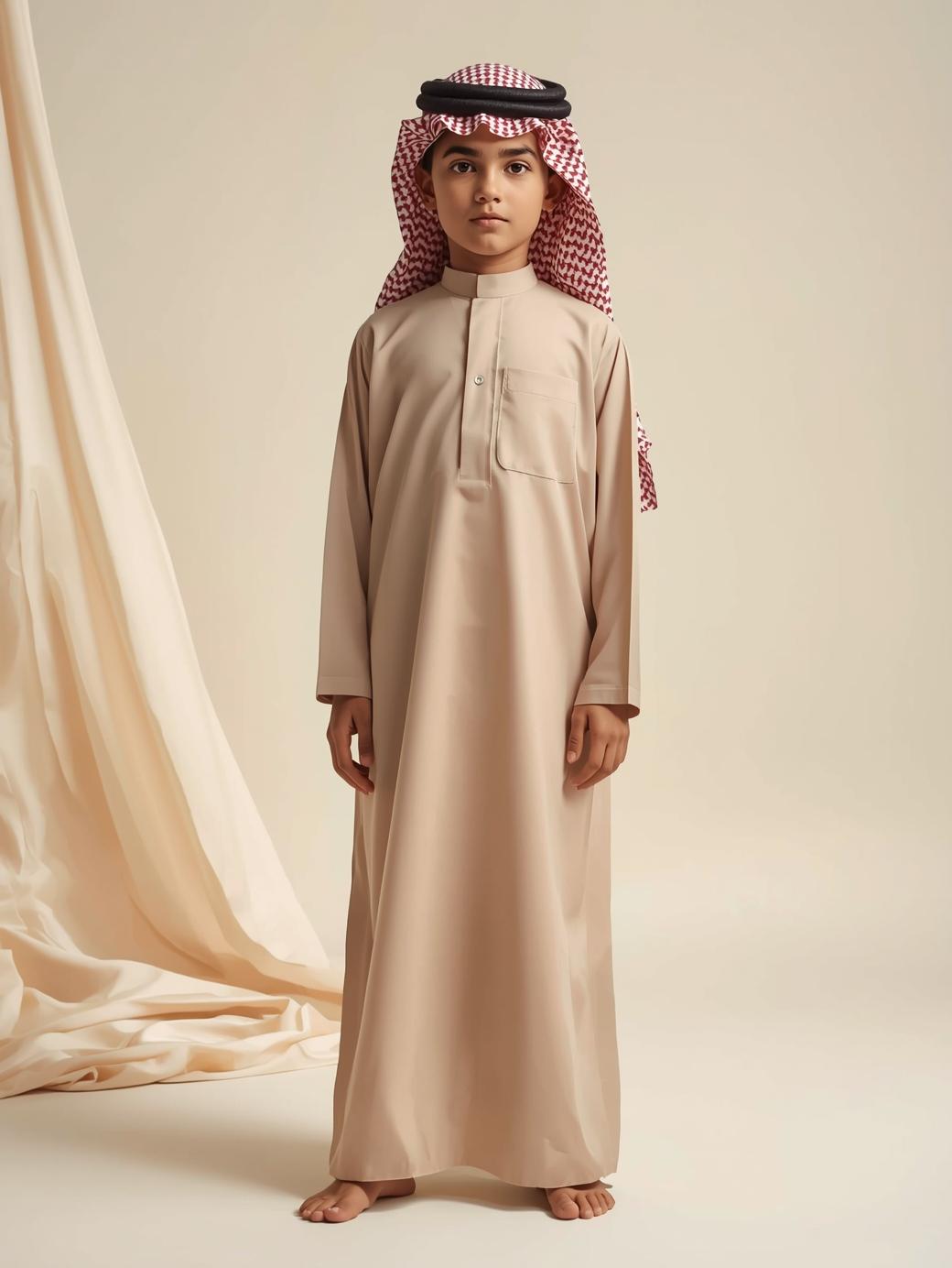 a young boy wearing a traditional arabian jubba, standing elegantly, studio photo, clean cream beige background matching luxury aesthetic, soft lighting, high quality fashion photography, 1000 1500 px, minima (1)